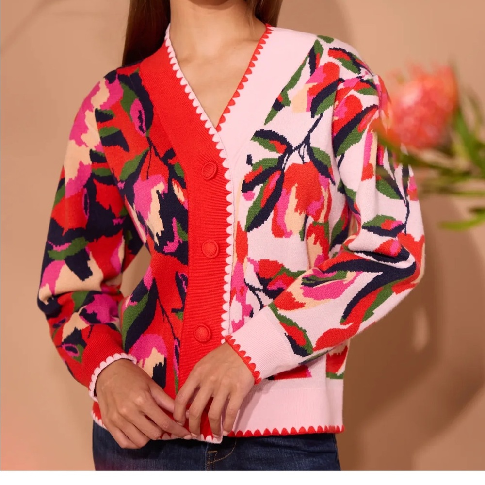 V-Neck Floral Colorblock Button Cardigan Sweater - Pink & Red